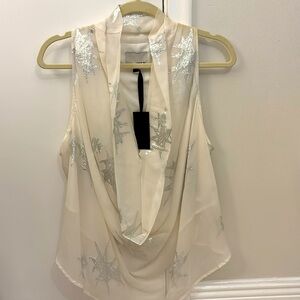 NWT. Greylin off-white razor back cocktail shirt with shiny silver stars. Size L